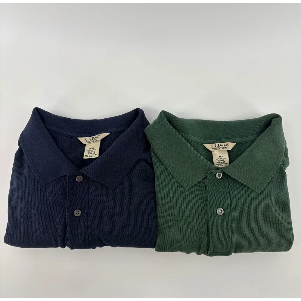 L.L. Bean Polo Shirt Mens XL Blue Green Double L Pique Cotton Lot 2